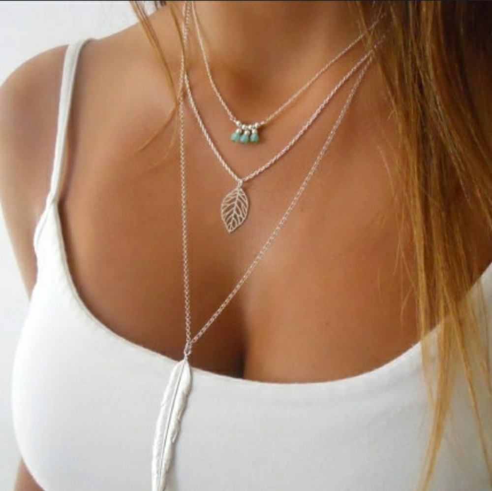 Layered Feather Pendant Necklace